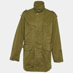 Pre Owned Saint Laurent Paris Olive Green Cotton & Linen Zip Front Oversized Long Jacket S