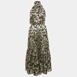 Pre Owned Saint Laurent Paris Black /Gold Fil Coupe Silk Halter Neck Midi Dress S