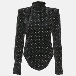Pre Owned Saint Laurent Paris Black Crystal Embellished Velvet Turtleneck Bodysuit M  
