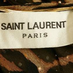 Pre Owned فستان سان لوران باريس حرير بني بطبعة الفهد مكشكش قصير مقاس متوسط (ميديوم)