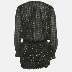 Pre Owned Saint Laurent Black Glitter Chiffon Sheer Ruffled Flocked Mini Dress M
