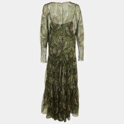 Pre Owned Saint Laurent Paris Green Paisley Print Silk Sheer Maxi Dress M