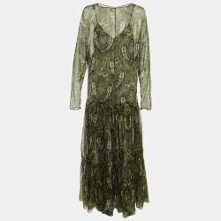 Pre Owned Saint Laurent Paris Green Paisley Print Silk Sheer Maxi Dress M