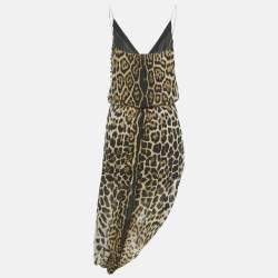 مملوكة مسبقًا فستان سان لوران باريس متوسط الطول حرير نقشة حيوانات أسود / بني مقاس وسط (ميديوم)