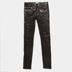 Pre Owned Saint Laurent Black Leather Mid Rise Pants M