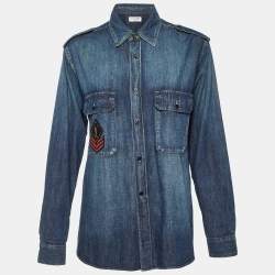 Pre Owned قميص سان لوران باريس دنيم أزرق بتفاصيل رقعة كبير - لارج