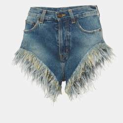 Pre Owned Saint Laurent Paris Blue Feather Trim Denim Shorts S/Waist 26"