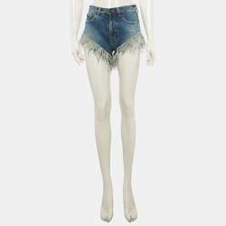 Pre Owned Saint Laurent Paris Blue Feather Trim Denim Shorts S/Waist 26"