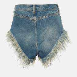 Pre Owned Saint Laurent Paris Blue Feather Trim Denim Shorts S/Waist 26"