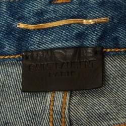 Pre Owned Saint Laurent Paris Blue Feather Trim Denim Shorts S/Waist 26"