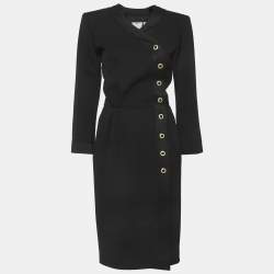 Pre Owned Saint Laurent Paris Vintage Black Tweed Wrap Midi Dress L