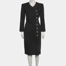Pre Owned Saint Laurent Paris Vintage Black Tweed Wrap Midi Dress L