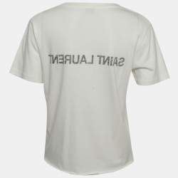 Pre Owned Saint Laurent White Cotton Inverted Logo Printed Cotton Knit T-Shirt M