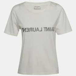 Pre Owned Saint Laurent White Cotton Inverted Logo Printed Cotton Knit T-Shirt M