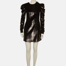 مملوكة مسبقًا Saint Laurent Paris Black Lamé Velvet Puff Sleeve Mini Dress S