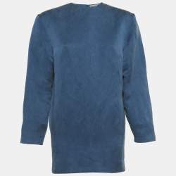 Pre Owned فستان سان لوران باريس حرير أزرق مخضر شعار تفاصيل قصير مقاس صغير (سمول)