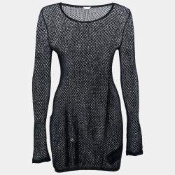 Saint Laurent Paris Black Perforated Knit Mesh Long Sleeve Dress S