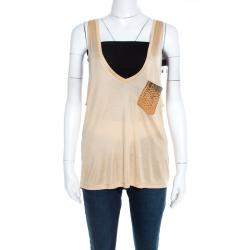 مملوكة مسبقًا تانك توب سان لوران باريس حرير تريكو بيج جلد مزخرف بكيب مزين S