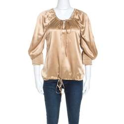 Yves Saint Laurent Beige Satin Drawstring Detail Blouse S