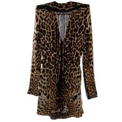 Pre Owned Saint Laurent Paris Brown Leopard Printed Silk Shoulder Padded Mini Dress M