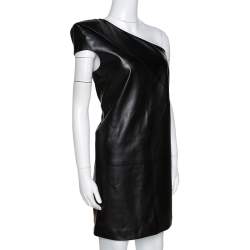 Pre Owned Saint Laurent Paris Black Leather One Shoulder Dress M