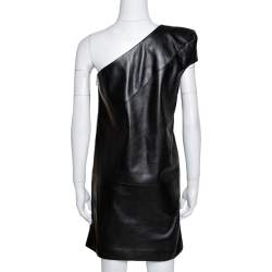 Pre Owned Saint Laurent Paris Black Leather One Shoulder Dress M