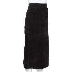 Pre Owned Saint Laurent Paris Black Suede Fitted Midi Skirt S