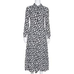 Pre Owned Saint Laurent Paris Monochrome Star Print Crepe Midi Dress M