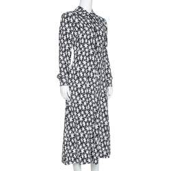 Pre Owned Saint Laurent Paris Monochrome Star Print Crepe Midi Dress M
