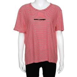 Saint Laurent Paris Red & White Striped Knit Logo Detail T Shirt M