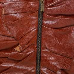 Saint Laurent Brown Leather Ruffle Detail Zip Front Mini Skirt S
