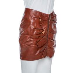 Saint Laurent Brown Leather Ruffle Detail Zip Front Mini Skirt S