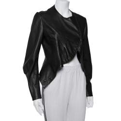 مملوكة مسبقًا جاكيت سان لوران باريس قصير حافة غير متماثلة جلد بني داكن مقاس وسط (ميديوم)