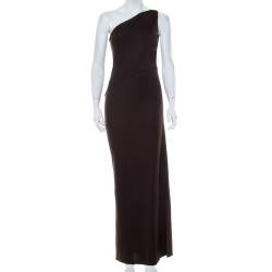 مملوكة مسبقًا Yves Saint Laurent Rive Gauche Brown Knit One Shoulder Maxi Dress M