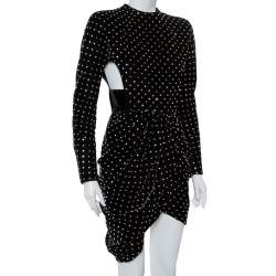 مملوكة مسبقًا Saint Laurent Paris Black Velvet Crystal Embellished Cutout Detail Faux Wrap Mini Dress M