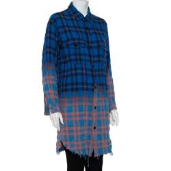 مملوكة مسبقًا قميص سان لوران باريس طويل أزرار أمامية فانلا كاروهات أومبريه أزرق مقاس متوسط