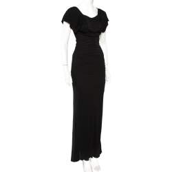 Pre Owned Yves Saint Laurent Black Knit Paneled Asymmetric Hem Maxi Dress S