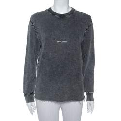 Saint Laurent Paris Charcoal Washed Out Cotton Frayed Hem Distressed Sweatshirt S