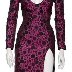 Pre Owned Saint Laurent Fuchsia Floral Lurex Jacquard Long Sleeve Dress S