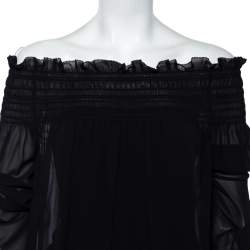 Saint Laurent Black Silk Smocked Oversized Off Shoulder Blouse L