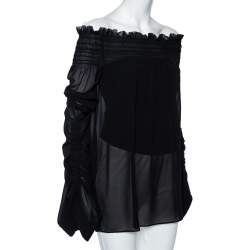 Saint Laurent Black Silk Smocked Oversized Off Shoulder Blouse L