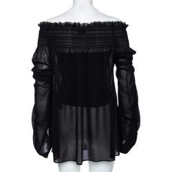 Saint Laurent Black Silk Smocked Oversized Off Shoulder Blouse L
