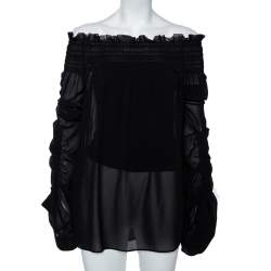 Saint Laurent Black Silk Smocked Oversized Off Shoulder Blouse L