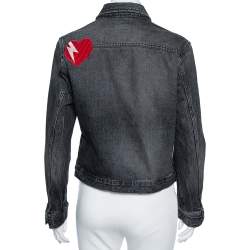 Saint Laurent Faded Grey Heart & Lightening Bolt Patch Applique Denim Jacket M