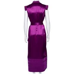 مملوكة مسبقًا فستان سان لوران أورينتال حرير بنفسجي نمط مبطن بأزرار وحزام مقاس كبير - لارج