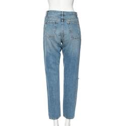Pre Owned Saint Laurent Stone Washed Blue Denim Ripped Detail Relaxed Fit Jeans S
