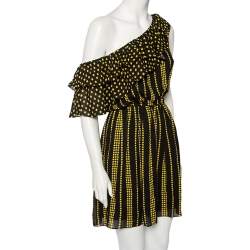 Pre Owned Saint Laurent Black & Yellow Star & Stripes Printed Georgette Mini Dress L