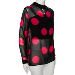 Pre Owned Saint Laurent Black & Pink Polka Dotted Silk Long Sleeve Blouse L