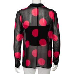 Pre Owned Saint Laurent Black & Pink Polka Dotted Silk Long Sleeve Blouse L