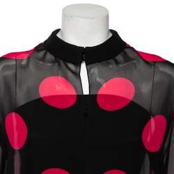 Pre Owned Saint Laurent Black & Pink Polka Dotted Silk Long Sleeve Blouse L
